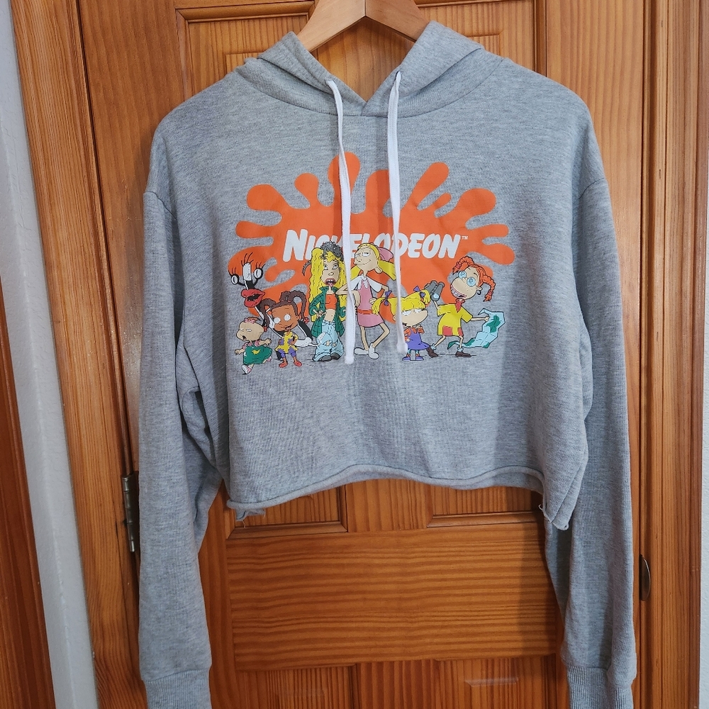 Nickelodeon 90s Girls Cartoon Characters Heather Gray Cropped Hoodie XL